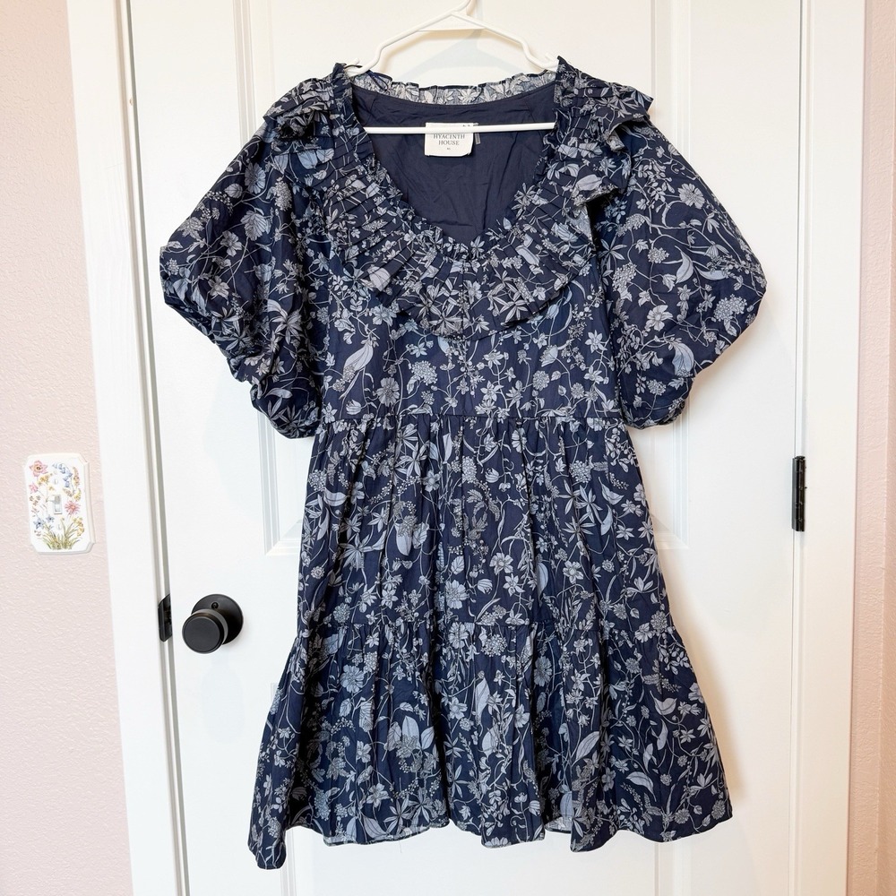 Hyacinth House Womens Floral Mini Dress XL Navy Puff Sleeve Cottage Prairie Tier